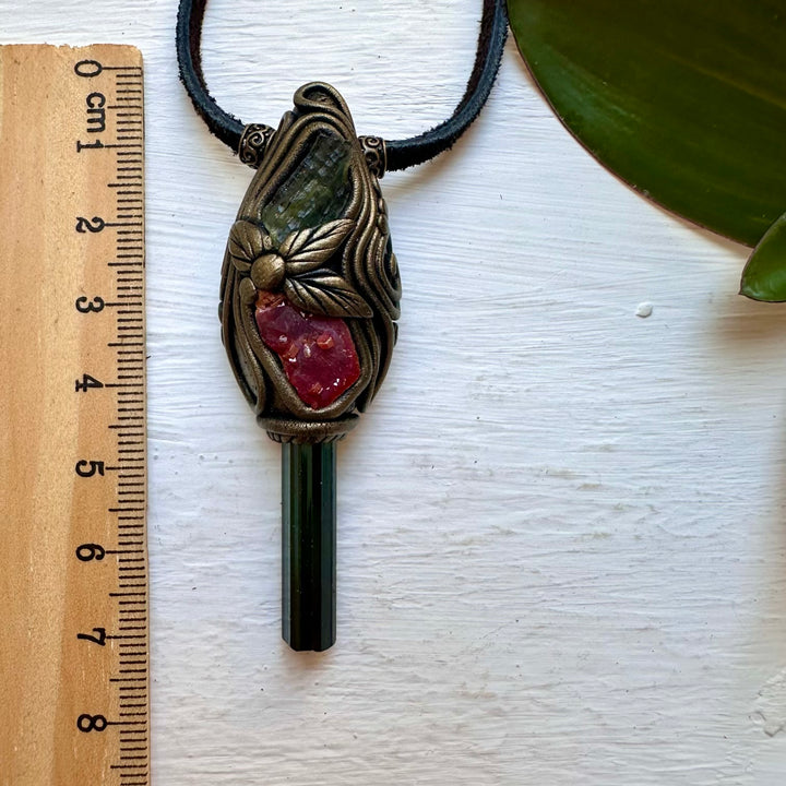 Blue-Green Tourmaline Vanadinite and Moldavite Necklace, Healing Crystal Jewelry - FairyGardenGlow