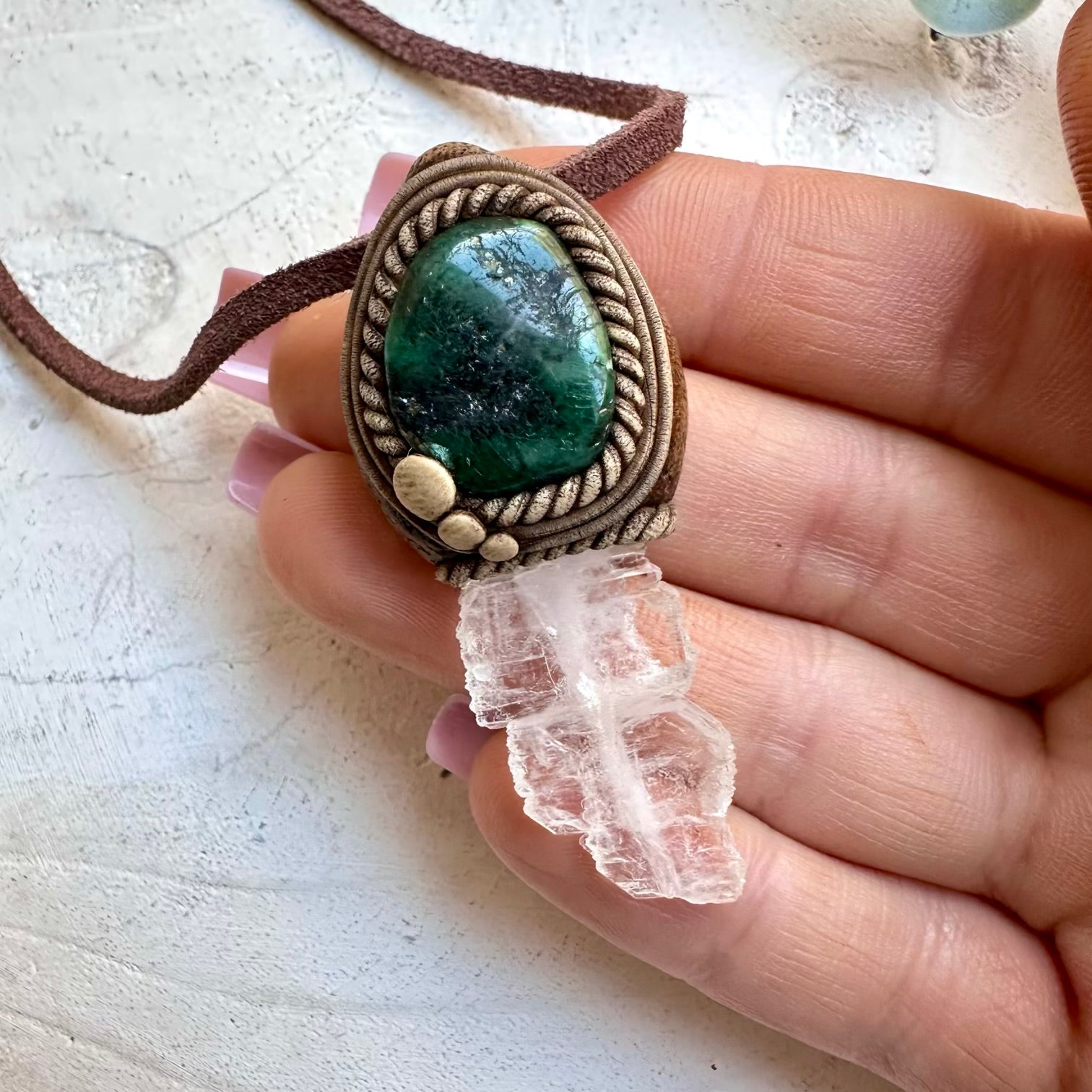 Faden Quartz and Emerald Necklace, Unisex Crystal Jewelry