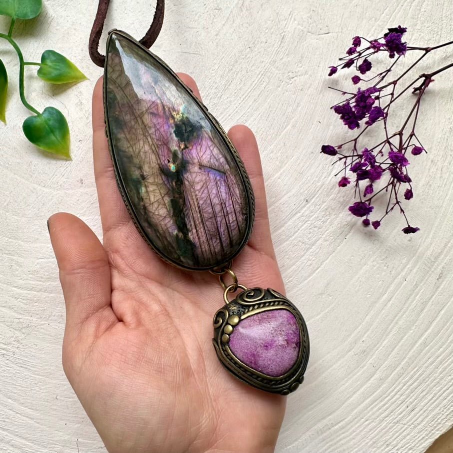 Large Labradorite and Stichtite Pendant Necklace, Statement Gemstone Jewelry FairyGardenGlow