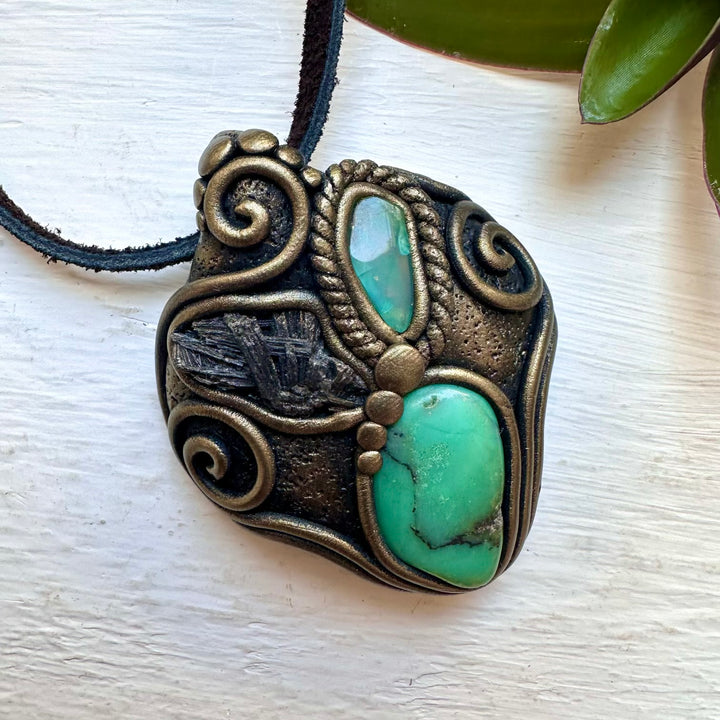 Chrysoprase Black Kyanite and Green Opal Pendant Necklace, Handmade Crystal Necklace - FairyGardenGlow