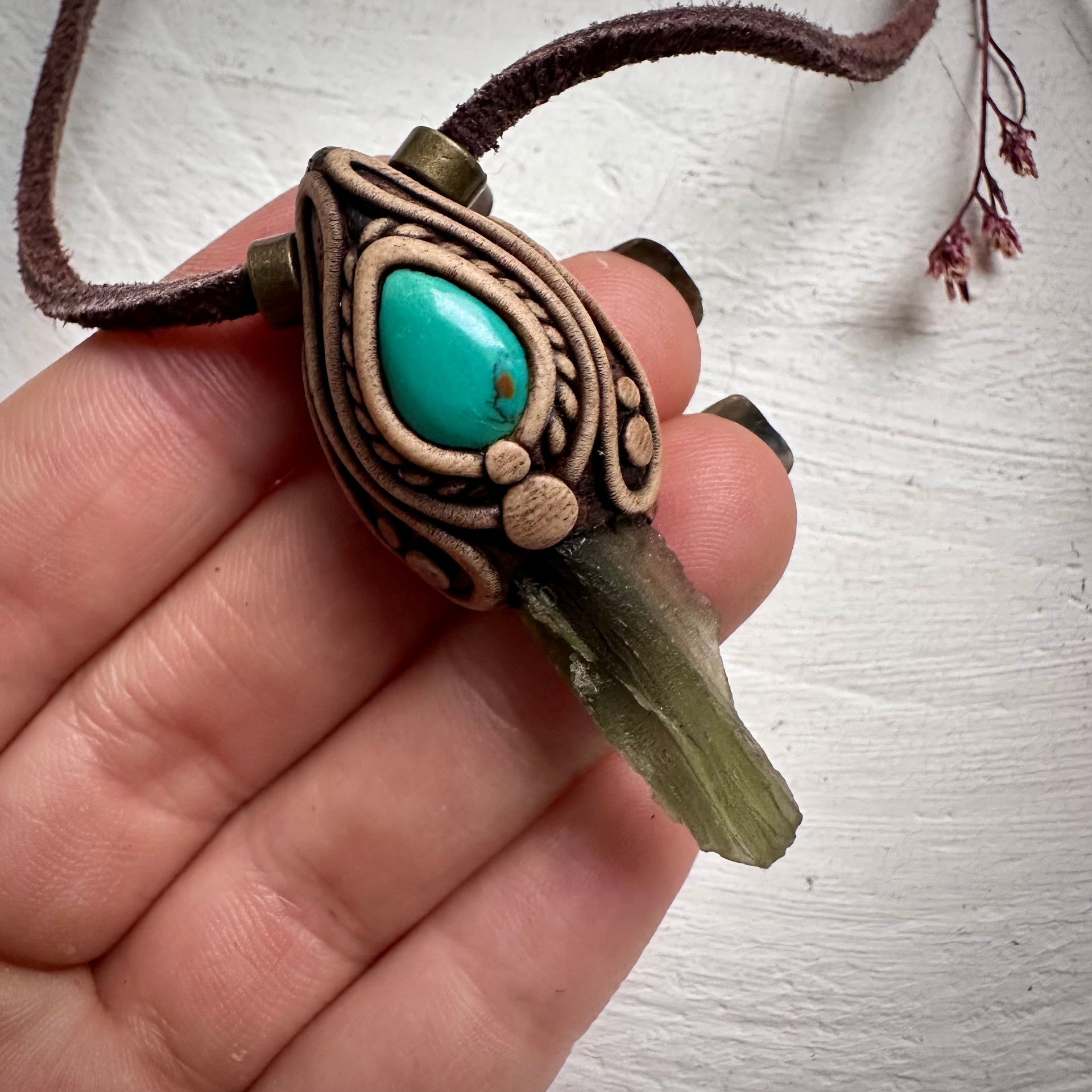 Moldavite and Tibetan Turquoise Pendant Necklace - FairyGardenGlow