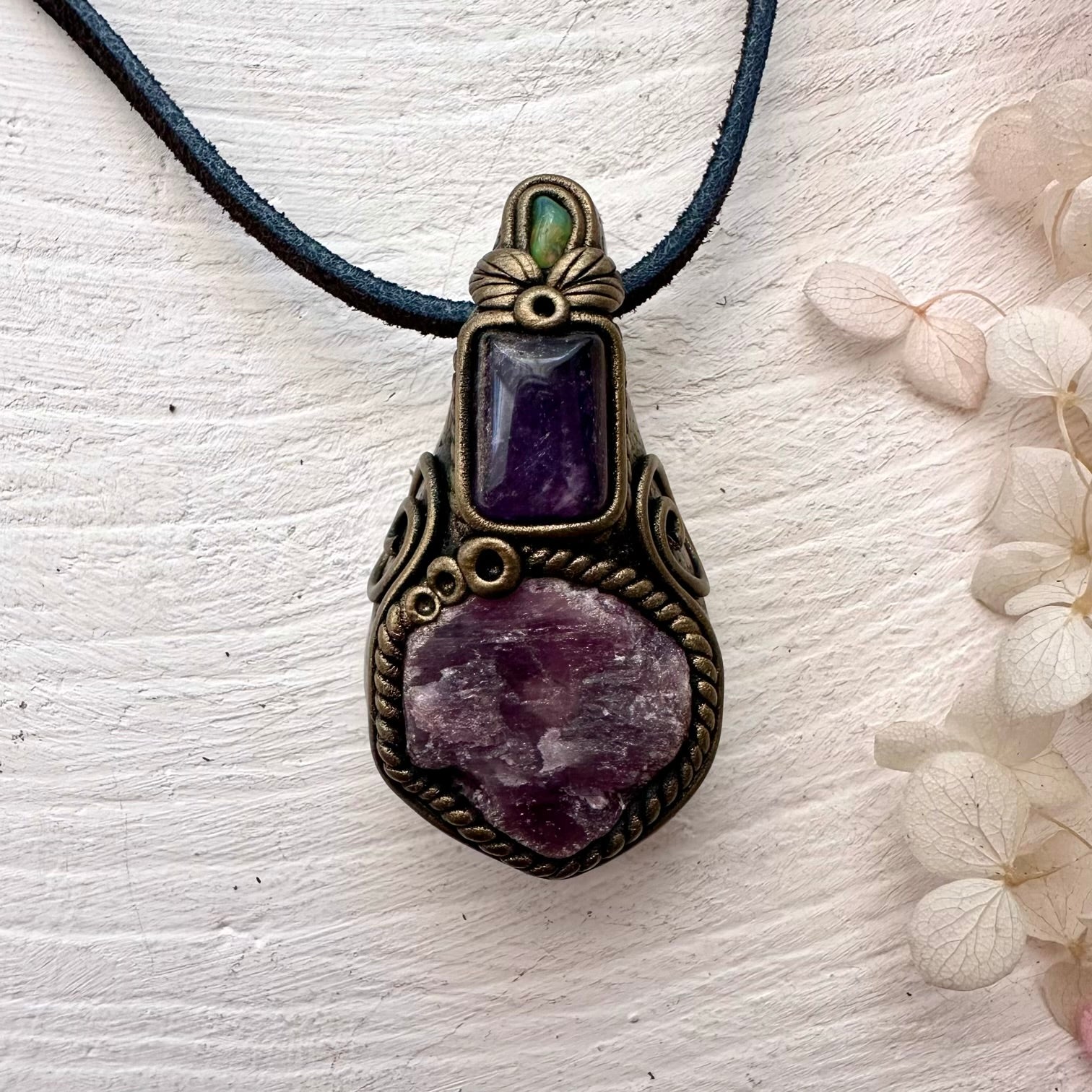 Raw Ruby Amethyst and Opal Pendant - FairyGardenGlow