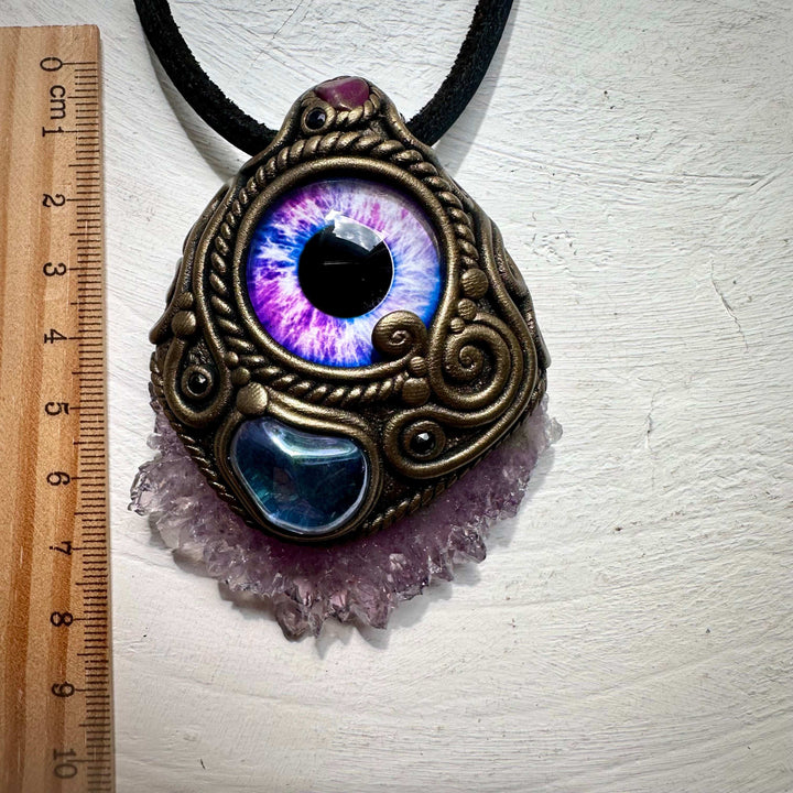 Amethyst Stalactite Aqua Aura Quartz Ruby and Blue Sapphire Eye Necklace - FairyGardenGlow
