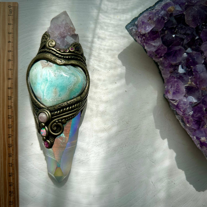 Angel Aura Lemurian Quartz Spirit Quartz Caribbean Calcite Heart Morganite Opal Spinel and Ruby Wand - FairyGardenGlow