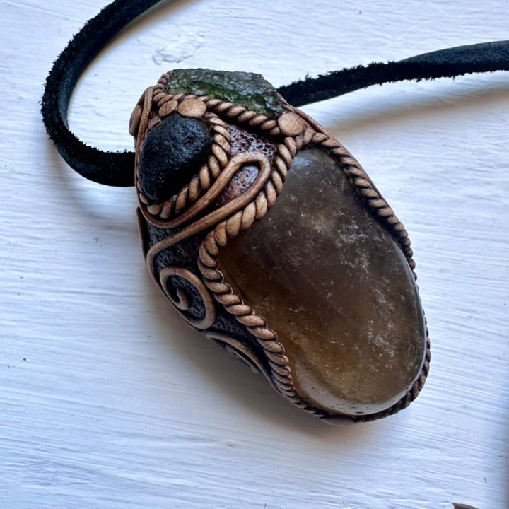 Citrine Moldavite and Black Tektite Necklace, Healing Crystal Jewelry - FairyGardenGlow