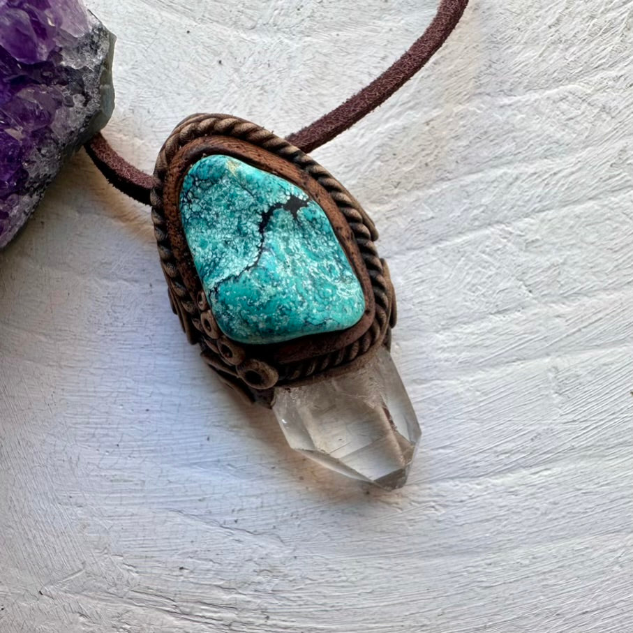 Clear Quartz and Turquoise Necklace, Handmade Crystal Jewelry