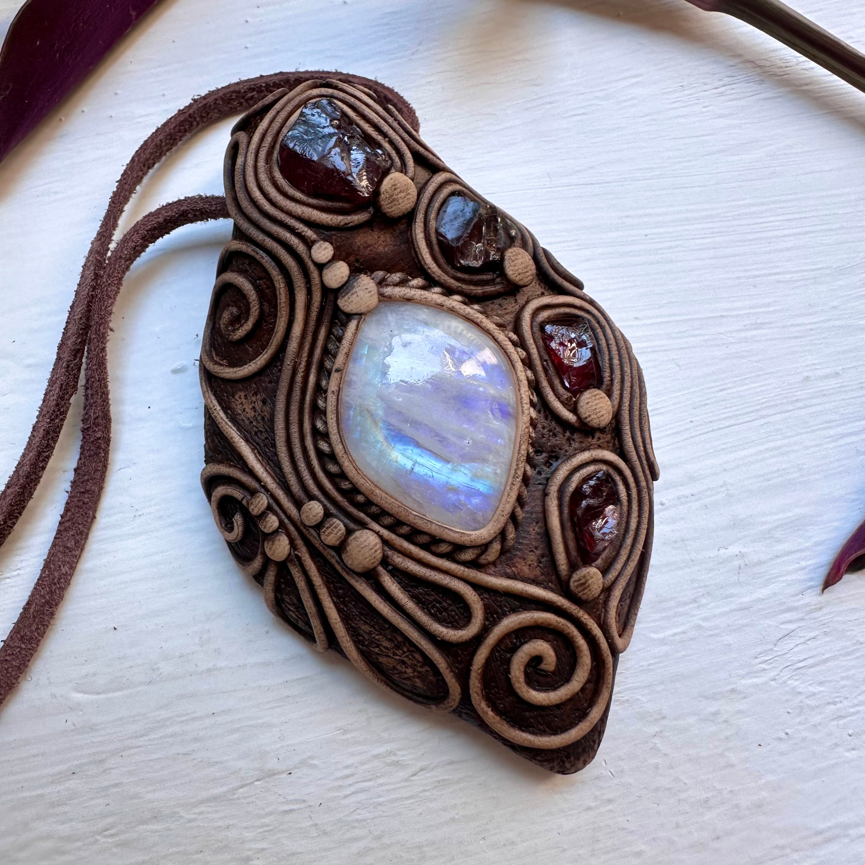 Rainbow Moonstone and Red Garnet Necklace - FairyGardenGlow