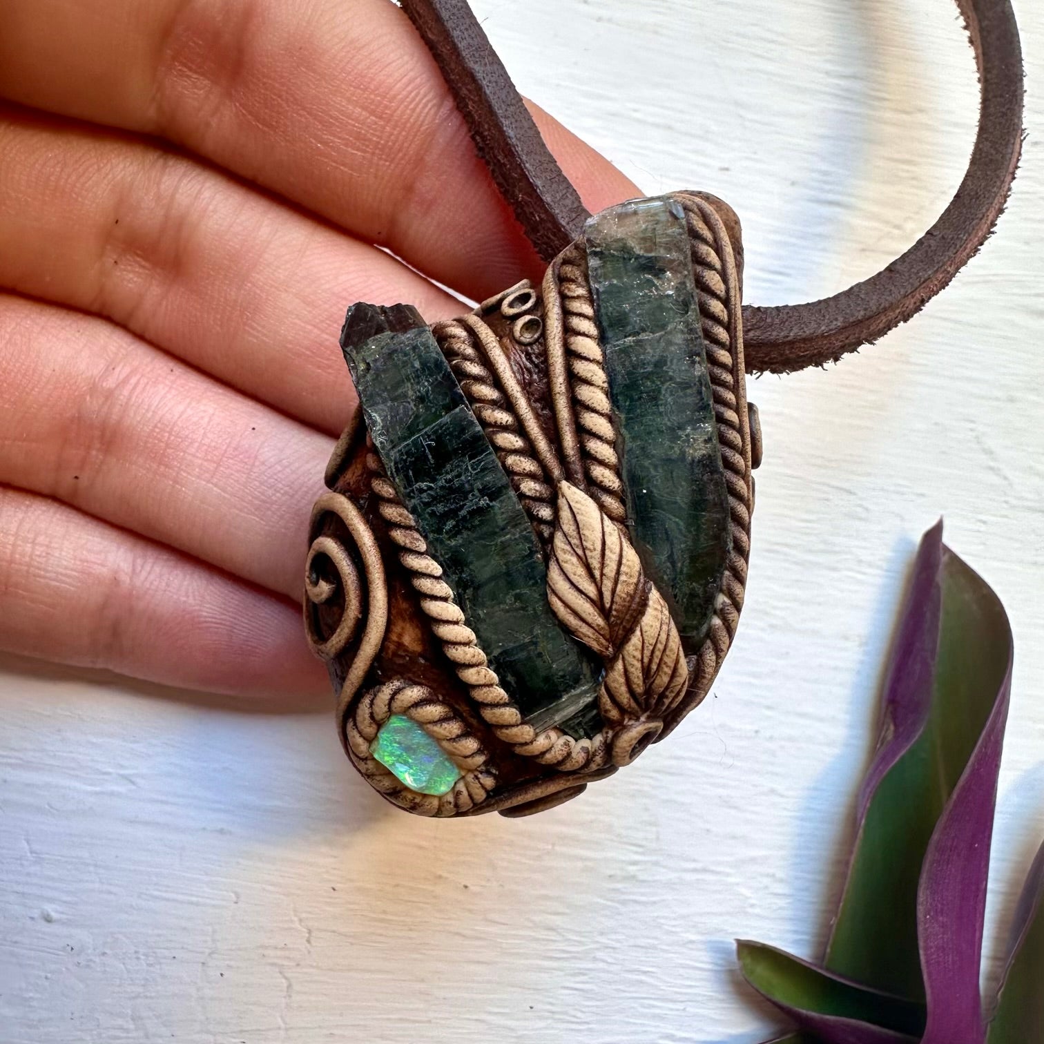 Vivianite and Australian Opal Pendant Necklace - FairyGardenGlow