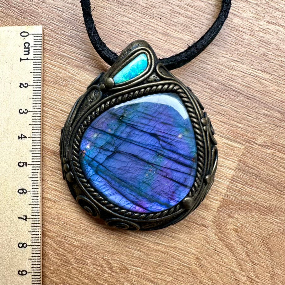 Large Purple Labradorite and Australian Opal Necklace, Unique Crystal Pendant - FairyGardenGlow