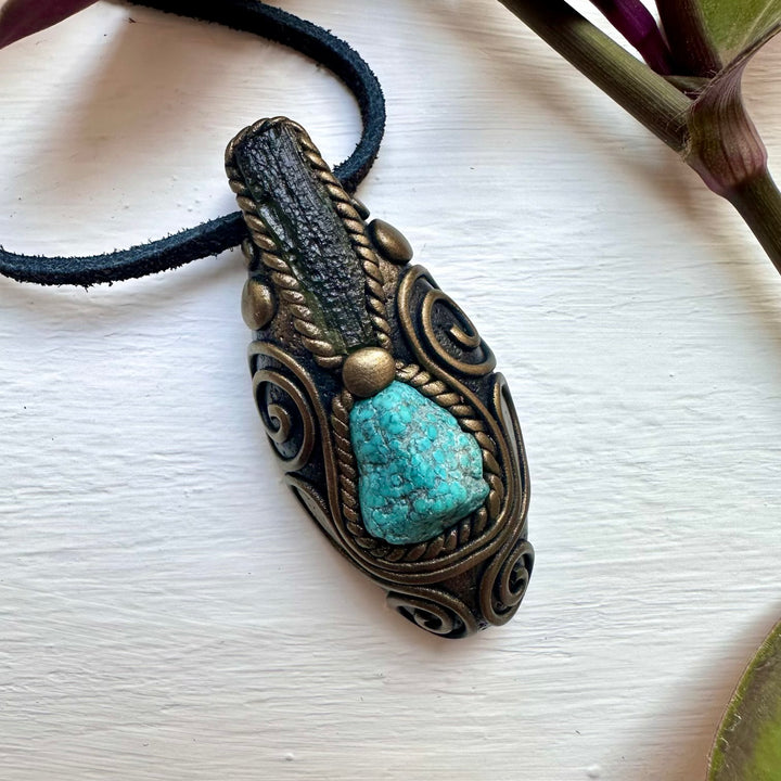 Turquoise and Moldavite Pendant Necklace - FairyGardenGlow