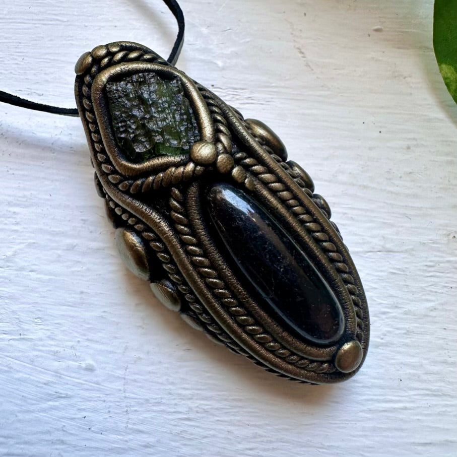 Black Tourmaline and Moldavite Necklace - FairyGardenGlow
