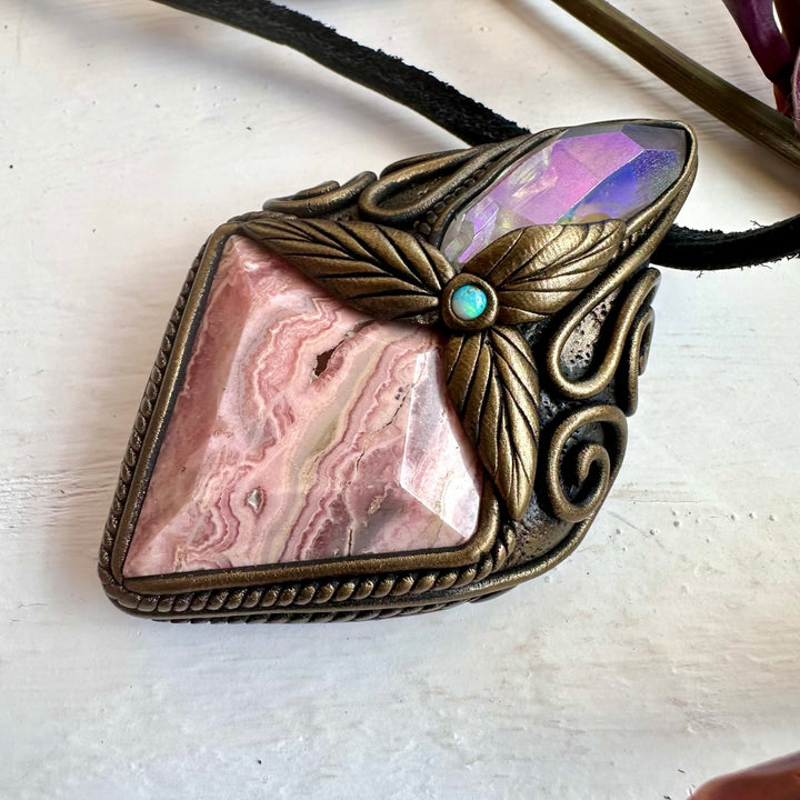 Rhodochrosite Angel Aura Quartz and Australian Opal Pendant Necklace - FairyGardenGlow