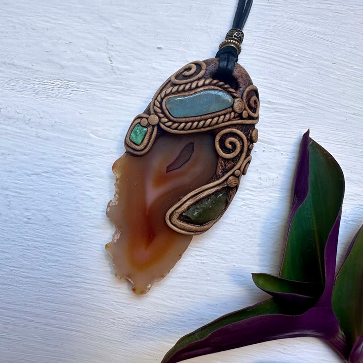 Agate Aquamarine Moldavite and Tibetan Turquoise Pendant Necklace - FairyGardenGlow