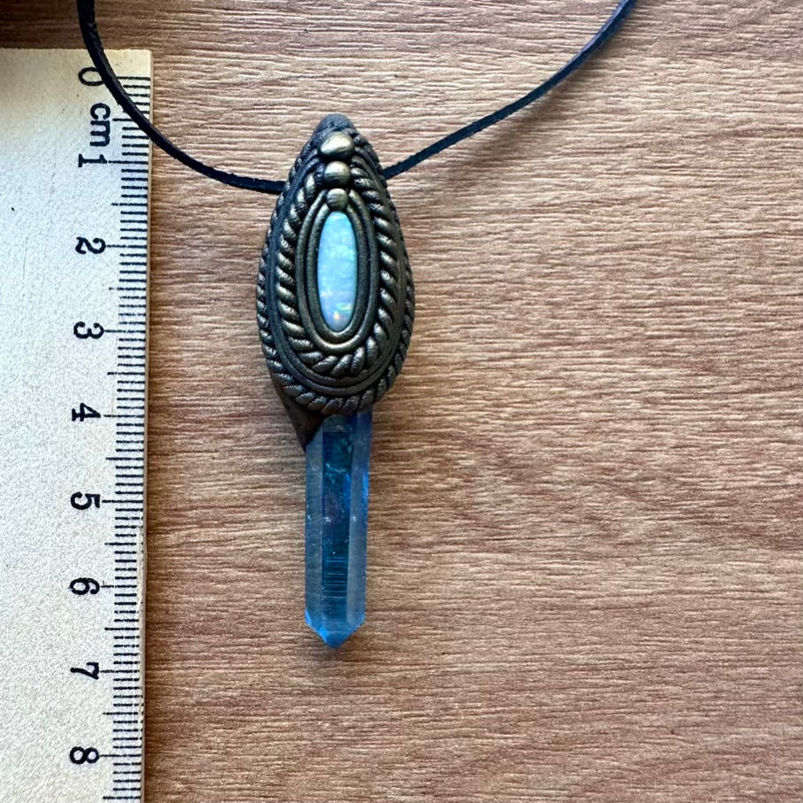 Aqua Aura Quartz and Australian Opal Pendant Necklace - FairyGardenGlow