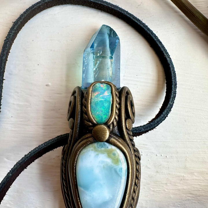 Smoky Quartz Aqua Aura Quartz Larimar and Raw Ethiopian Opal Wand / Necklace - FairyGardenGlow