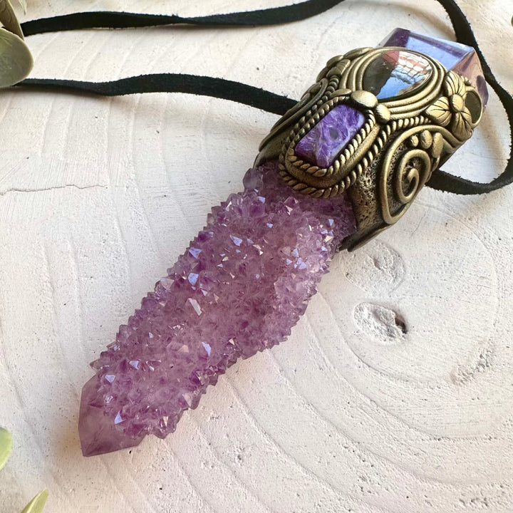 Metaphysical energy healing crystal wand with genuine Deep Purple Spirit Quartz and premium gemstones.