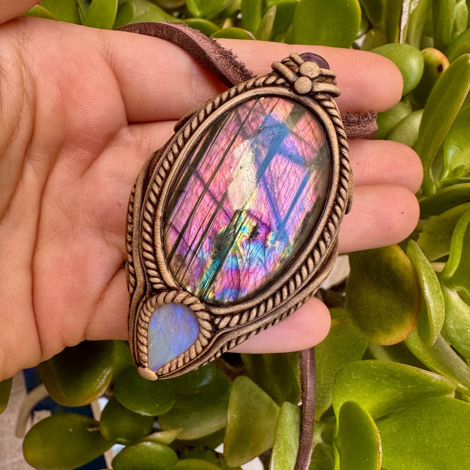 Purple Labradorite Amethyst and Australian Opal Necklace - FairyGardenGlow