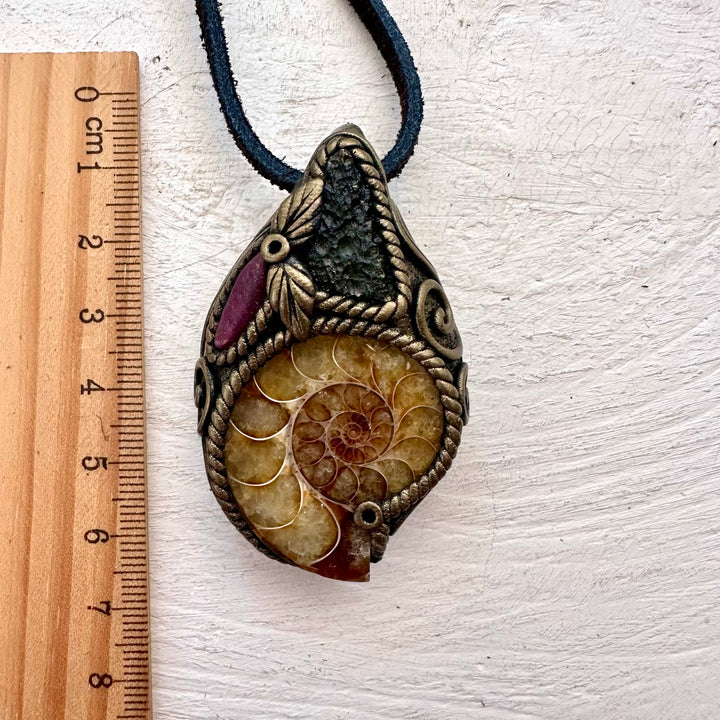 Ammonite Moldavite and Ruby Necklace - FairyGardenGlow