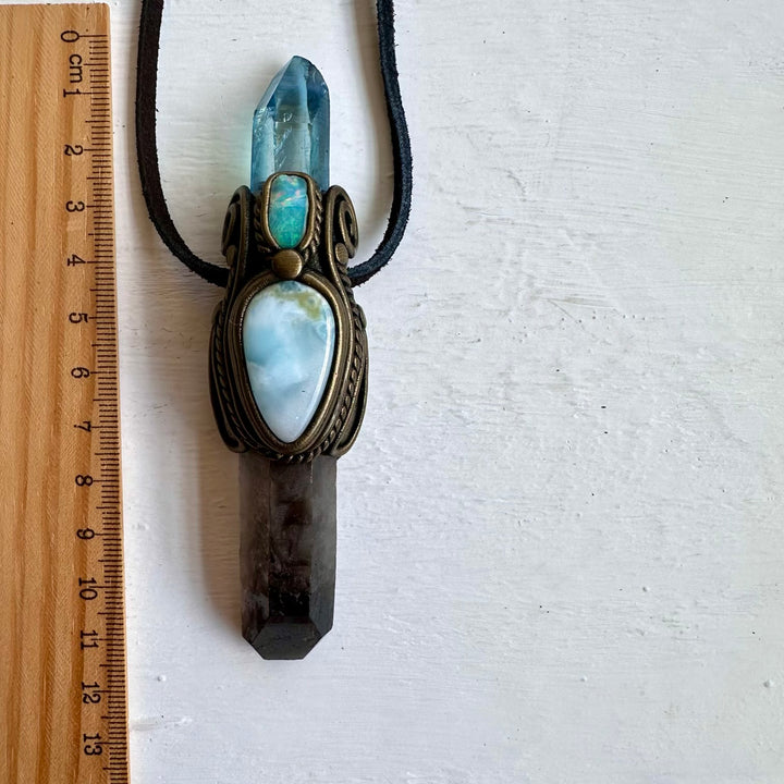 Smoky Quartz Aqua Aura Quartz Larimar and Raw Ethiopian Opal Wand / Necklace - FairyGardenGlow