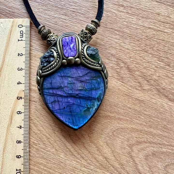 Purple Labradorite Moldavite and Charoite Pendant Necklace, Unique Protection Amulet - FairyGardenGlow