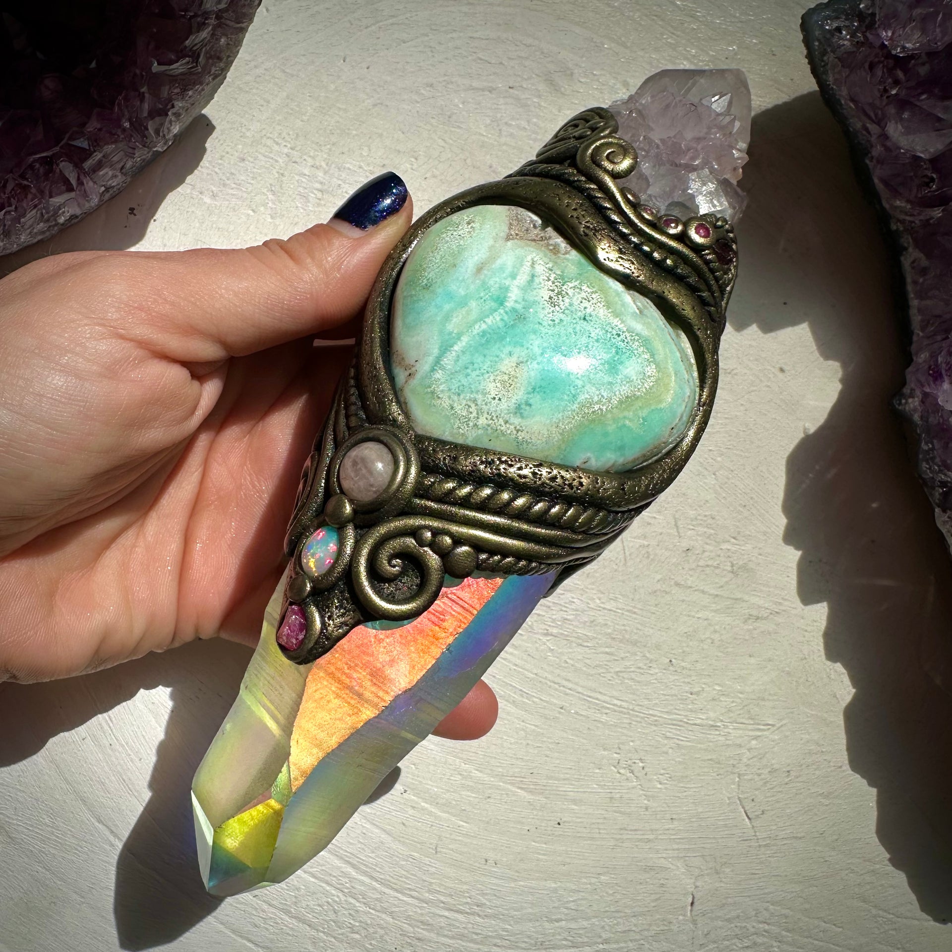 Angel Aura Lemurian Quartz Spirit Quartz Caribbean Calcite Heart Morganite Opal Spinel and Ruby Wand - FairyGardenGlow