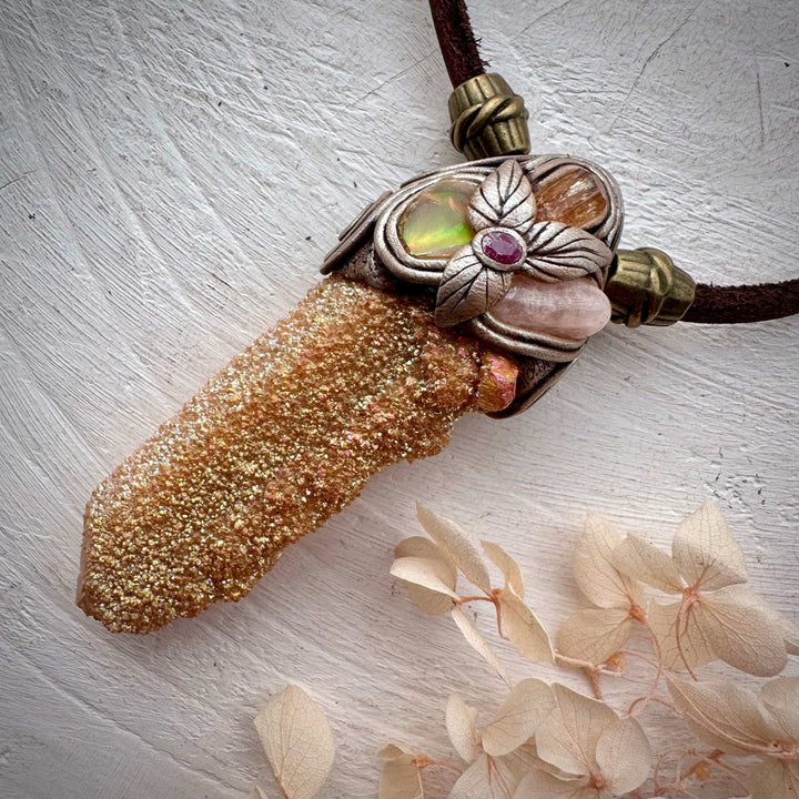 Sunset Aura Spirit Quartz Morganite Imperial Topaz Ethiopian Opal and Ruby Pendant Necklace - FairyGardenGlow