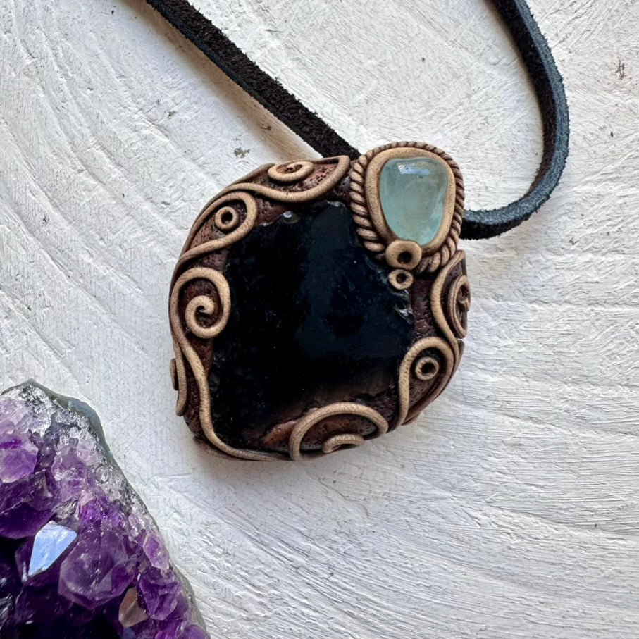 Raw Black Obsidian and Aquamarine Necklace, Healing Crystal Pendant