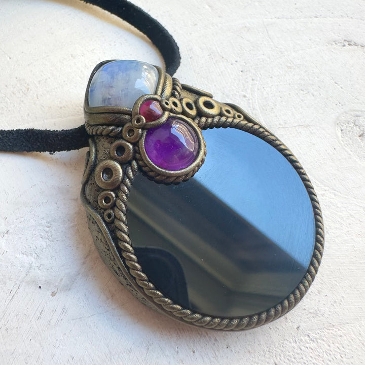 Spiritual protection jewelry with Black Obsidian mirror centerpiece