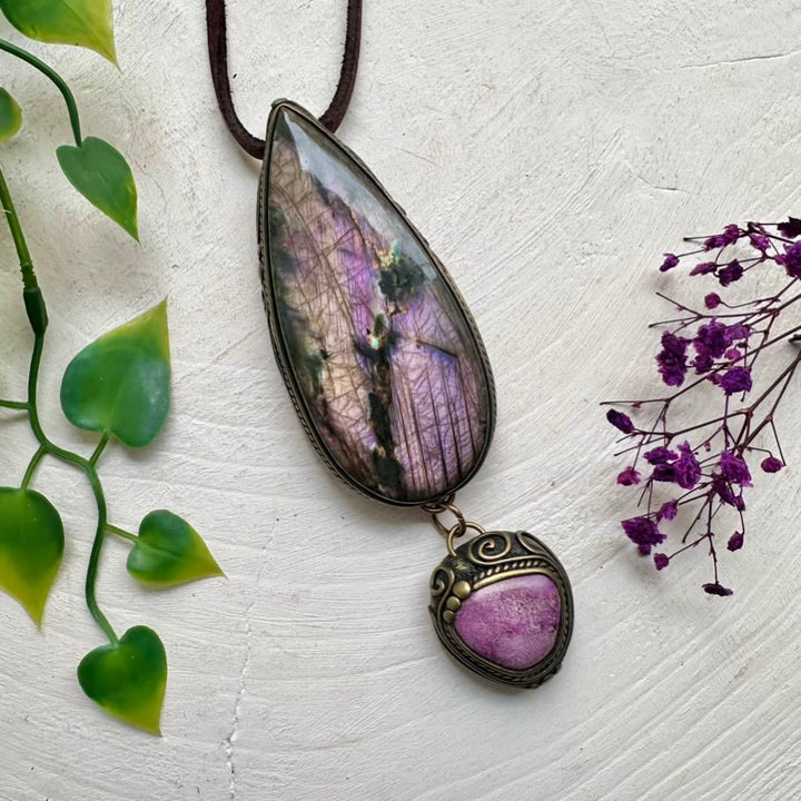 Large Labradorite and Stichtite Pendant Necklace, Statement Gemstone Jewelry FairyGardenGlow