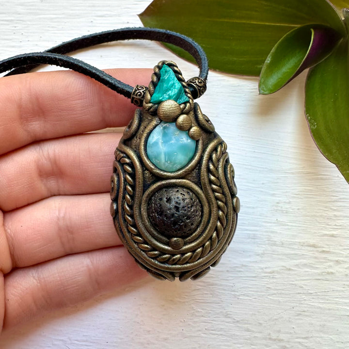 Lava Stone Larimar and Raw Chrysocolla Necklace - FairyGardenGlow