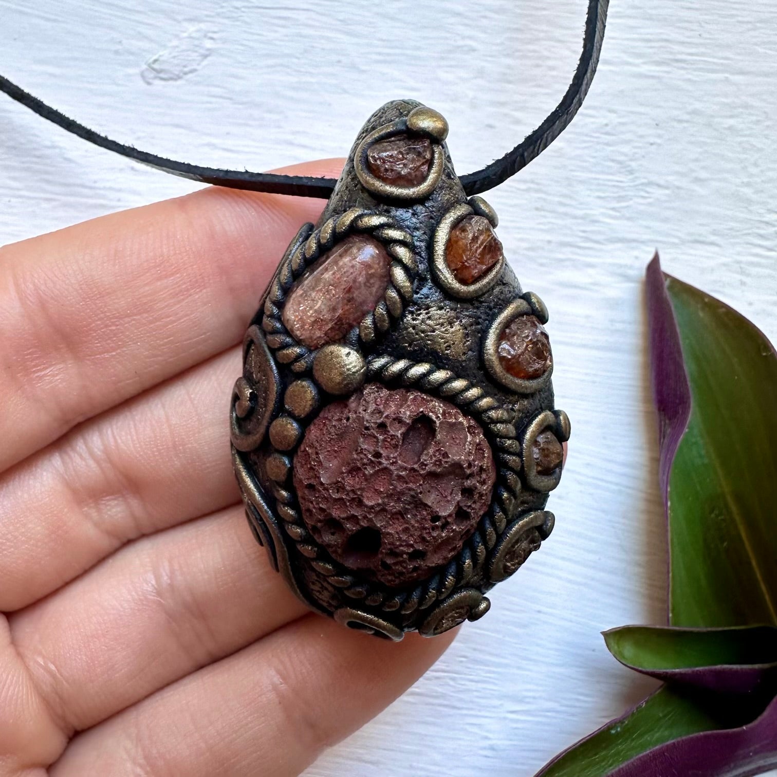 Lava Stone Sunstone and Hessonite Garnet Necklace - FairyGardenGlow