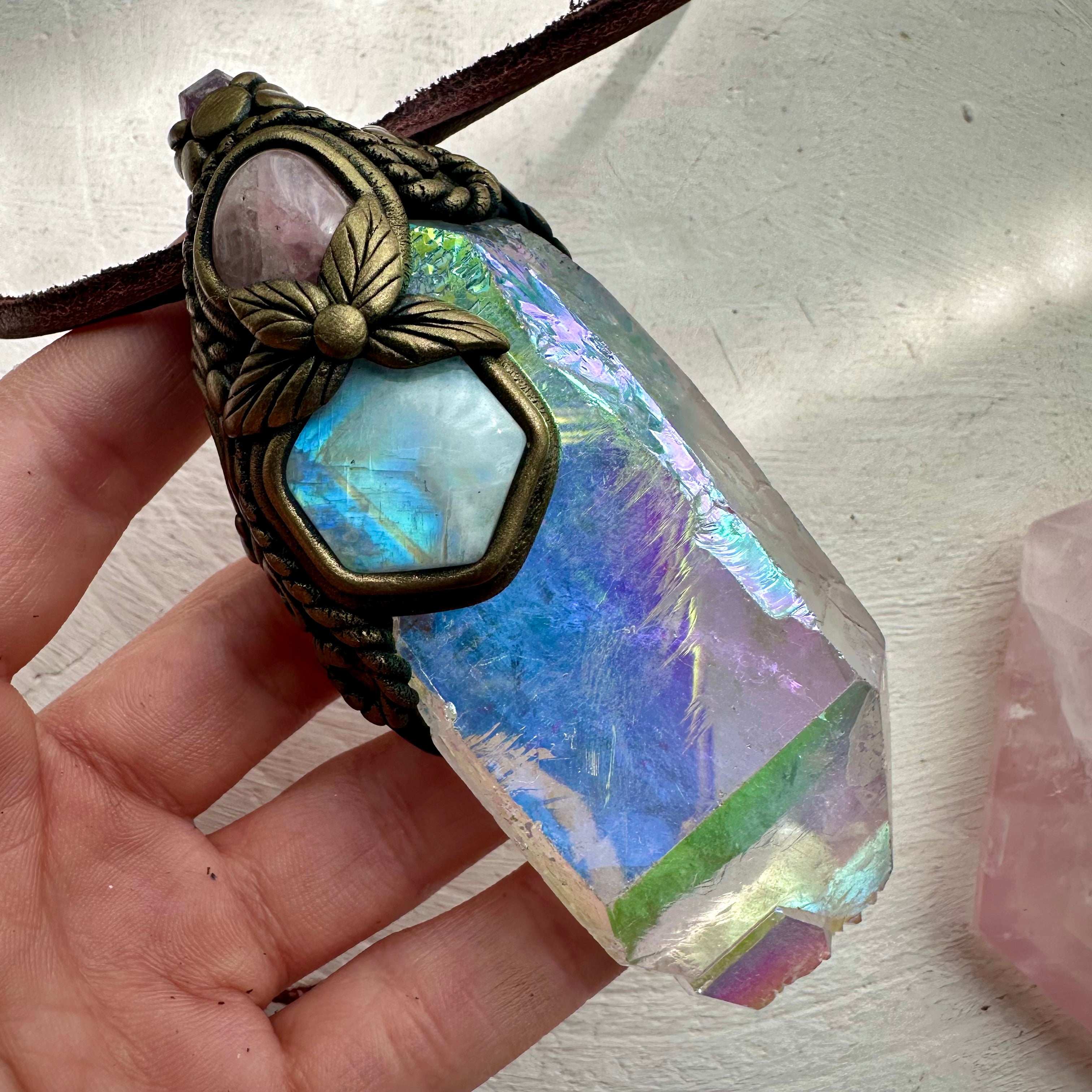 Crystal Wand / Pendant, Angel Aura Quartz Rainbow Moonstone, Rose Quartz, Raw Ruby - FairyGardenGlow