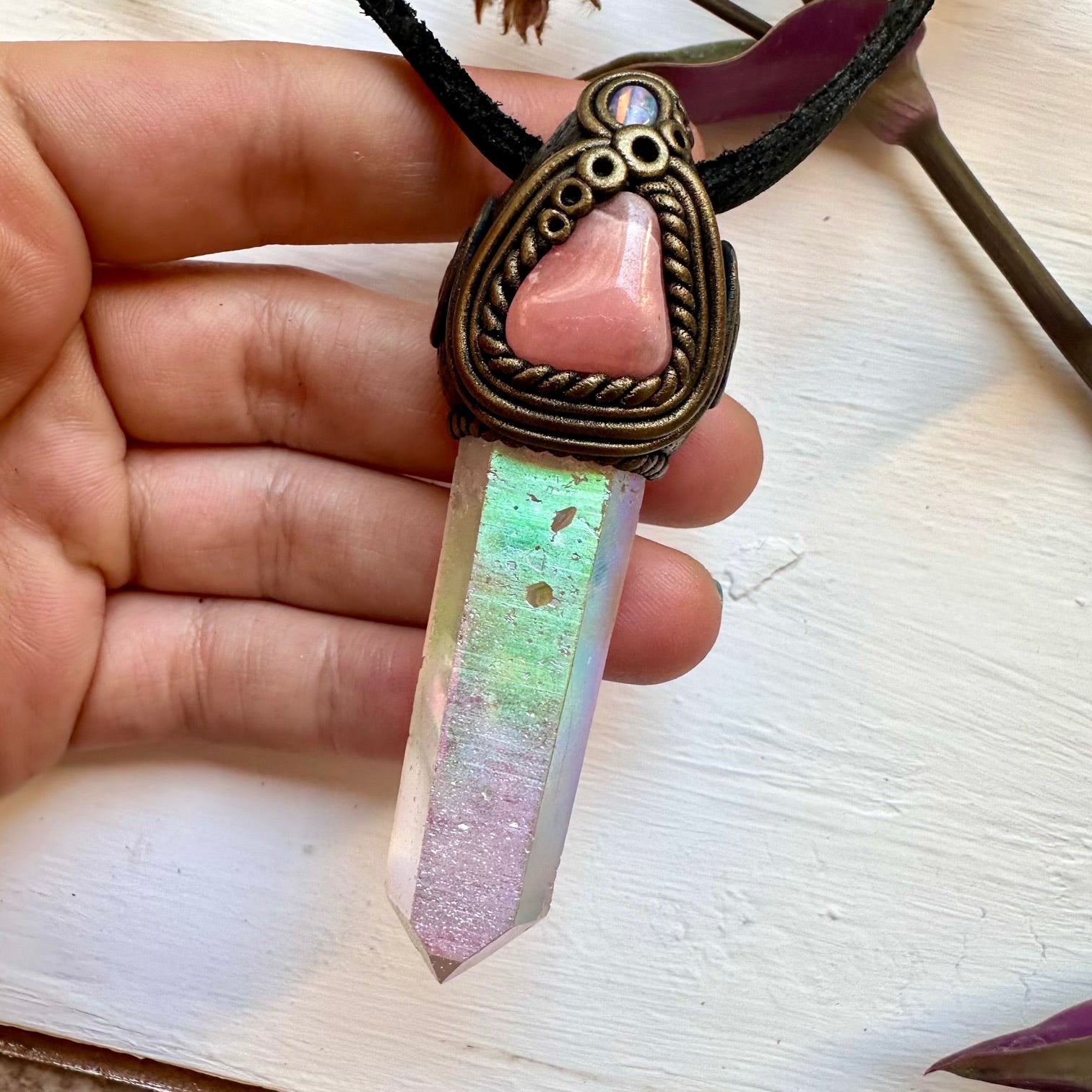 Angel Aura Quartz Rhodochrosite and Australian Opal Necklace - FairyGardenGlow