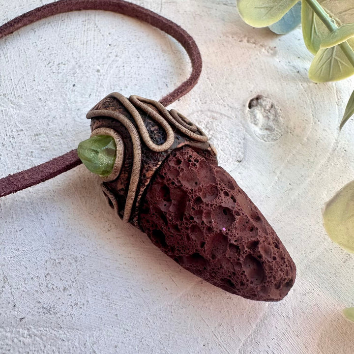 Handmade spiritual jewelry with volcanic Lava Stone and Peridot crystal