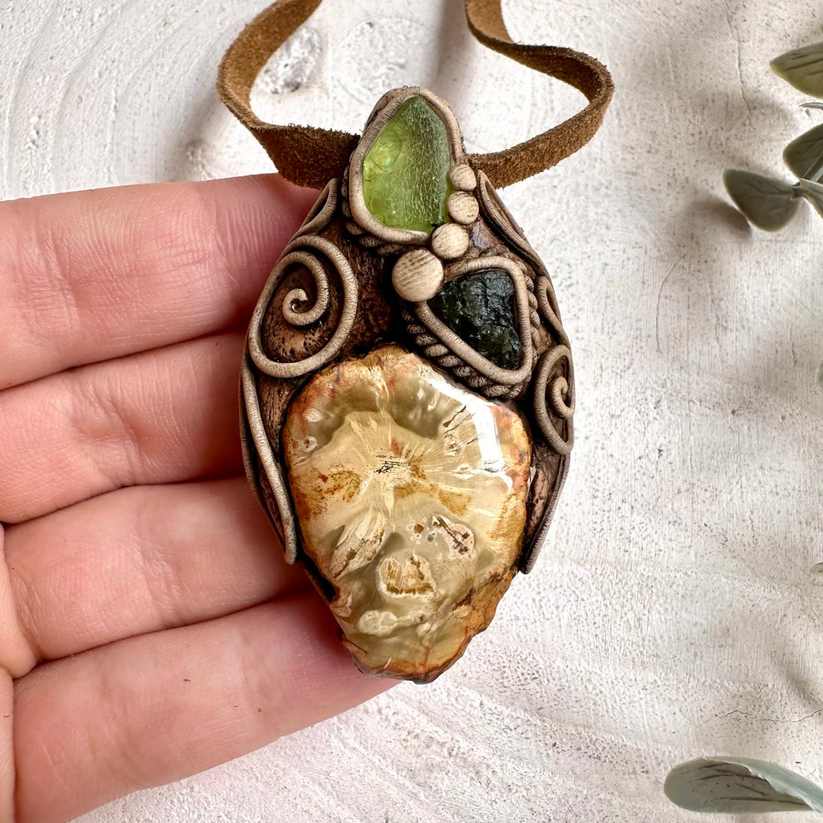 Petrified Wood with Moldavite and Peridot Necklace - Unisex Gemstone Jewelry