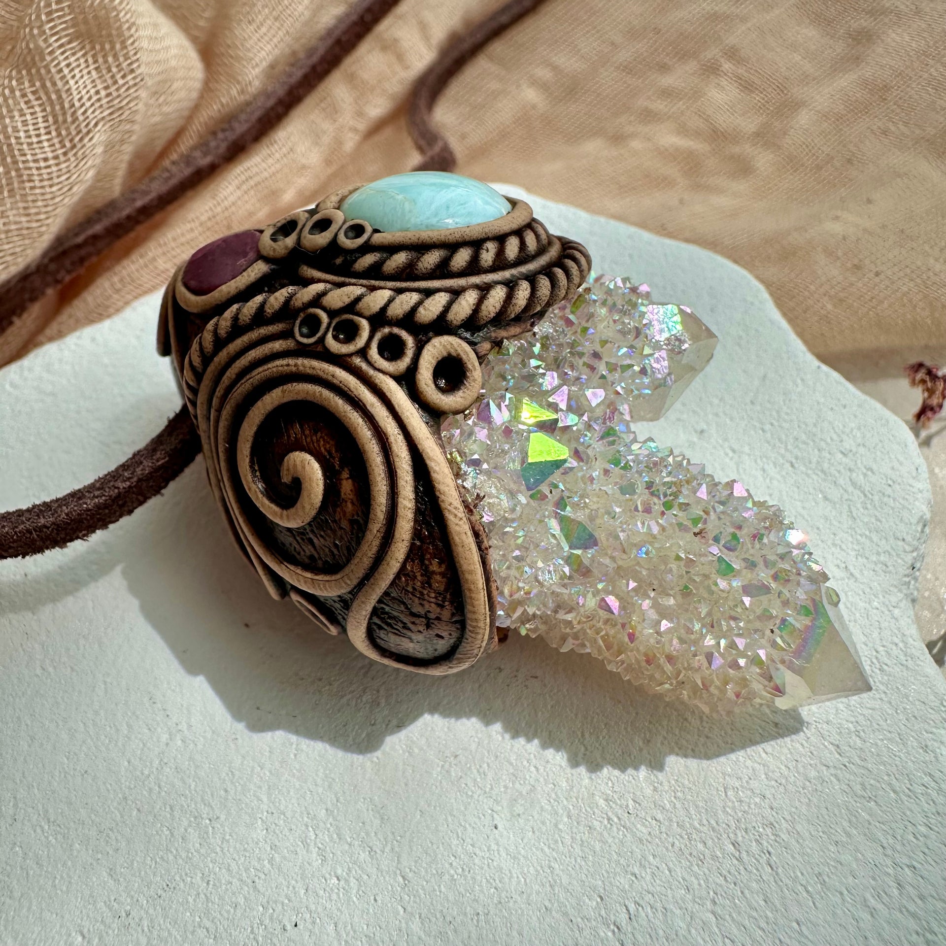 Angel Aura Spirit Quartz Larimar and Ruby Pendant