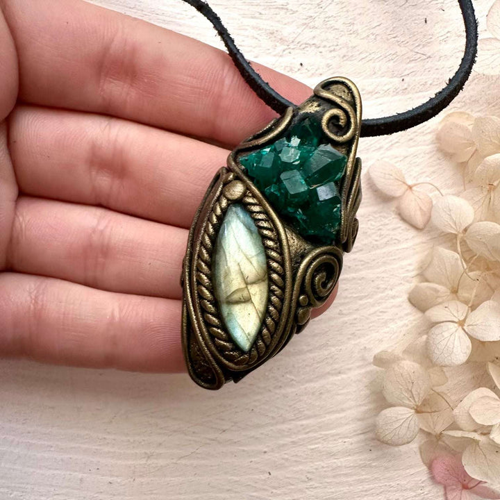 Dioptase and Labradorite Pendant Necklace - FairyGardenGlow