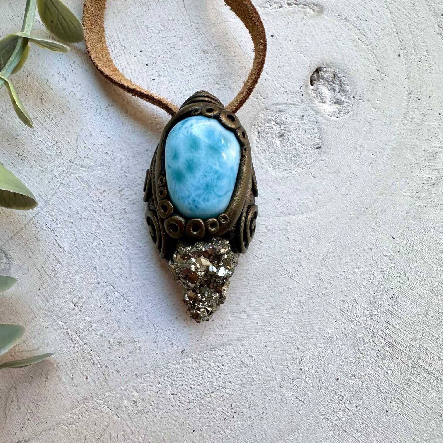 Pyrite Cluster and Larimar Pendant Necklace, Unisex Crystal Jewelry