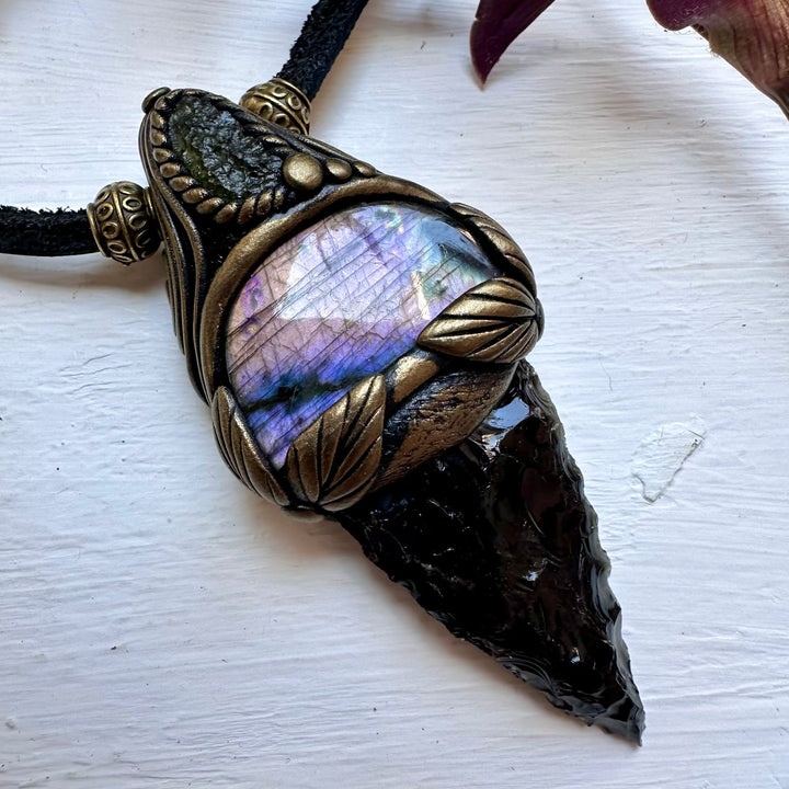 Black Obsidian Arrowhead Moldavite and Labradorite Pendant Necklace - FairyGardenGlow