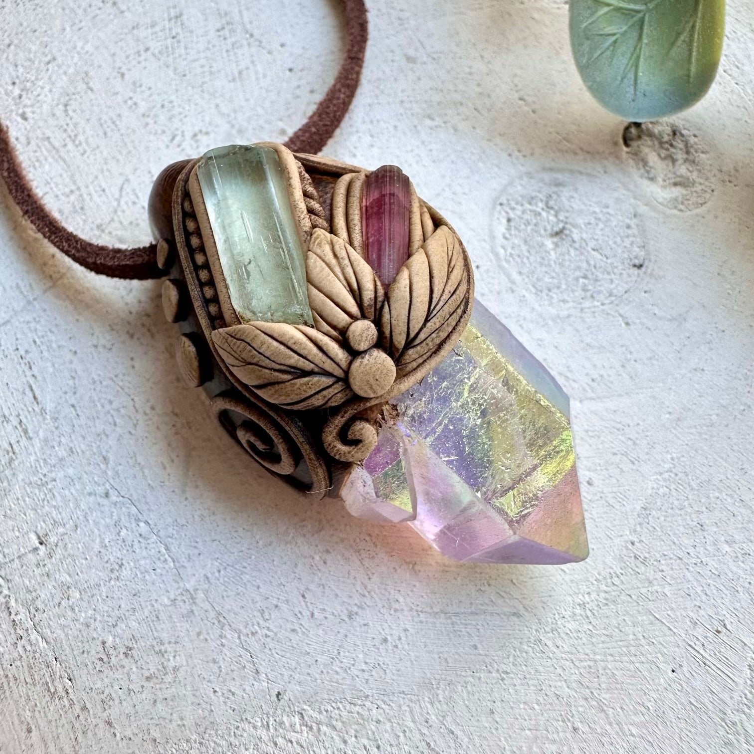 Aura quartz aquamarine and tourmaline unisex spiritual jewelry