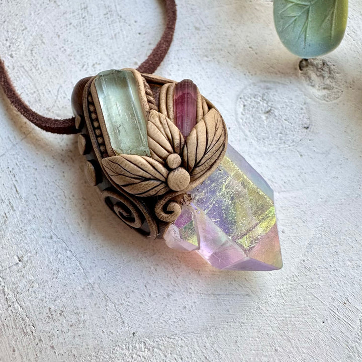 Aura quartz aquamarine and tourmaline unisex spiritual jewelry
