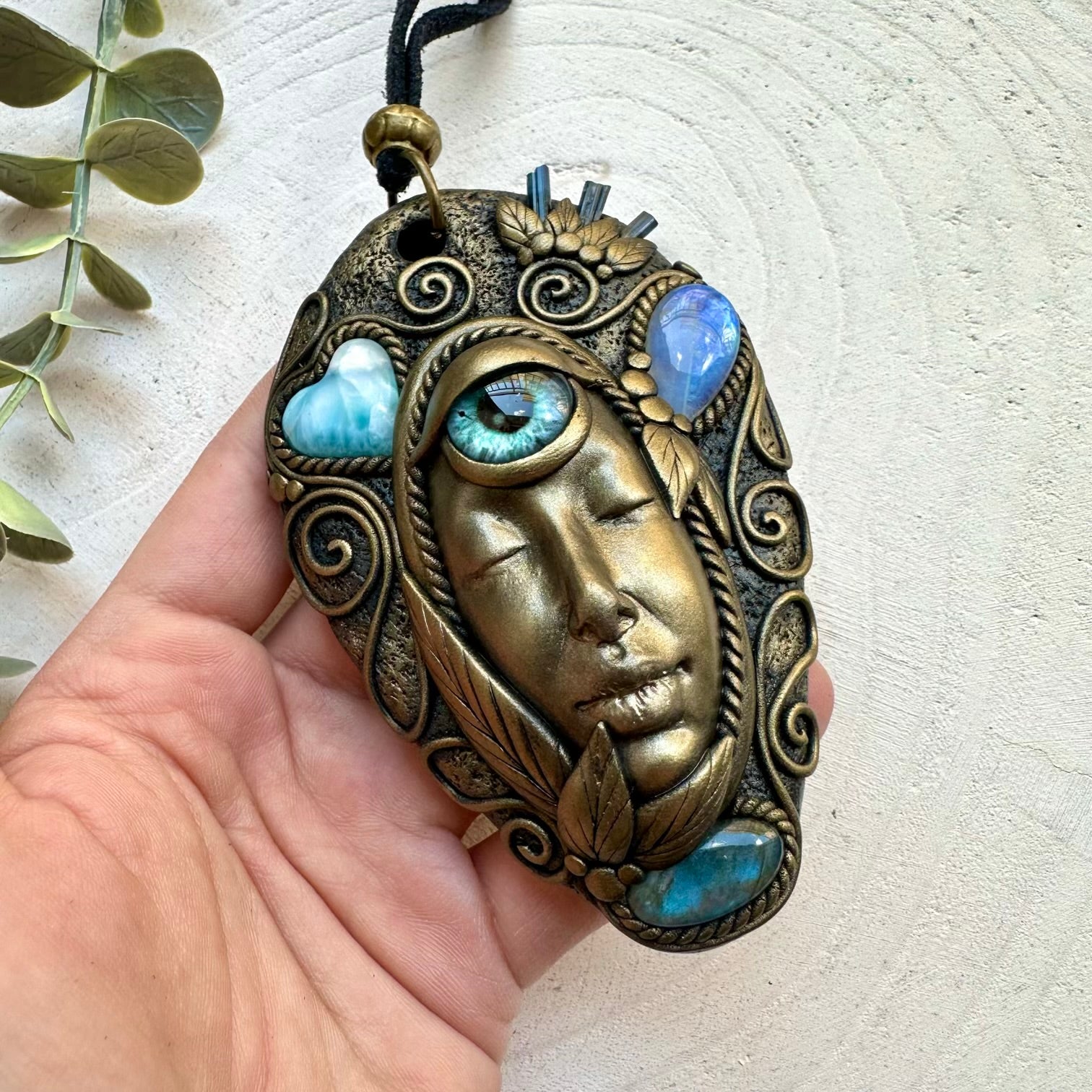 Third Eye Goddess Pendant with Labradorite, Rainbow Moonstone, Blue Tourmaline and Larimar Heart