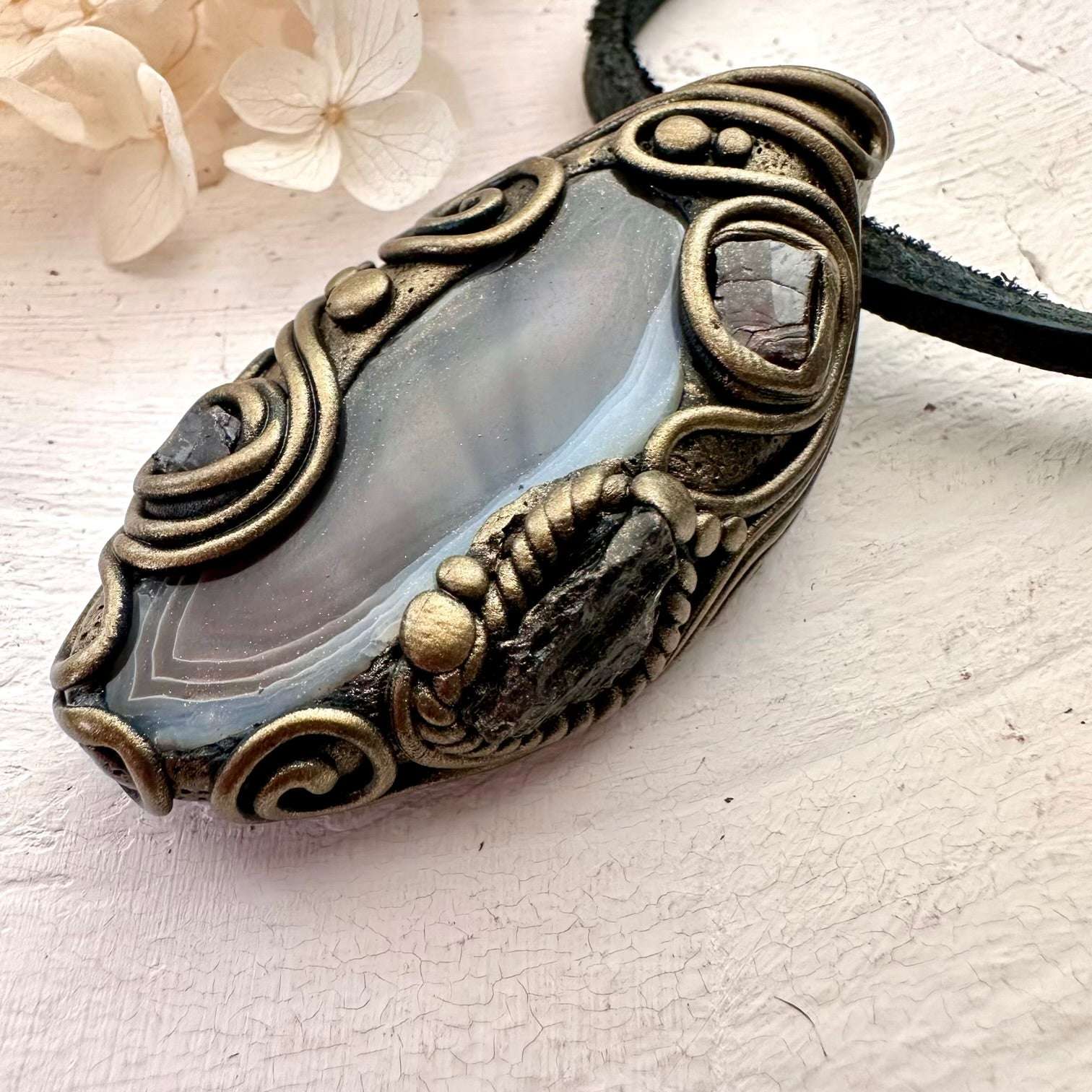 Botswana Agate Red Garnet and Moldavite Pendant Necklace - FairyGardenGlow