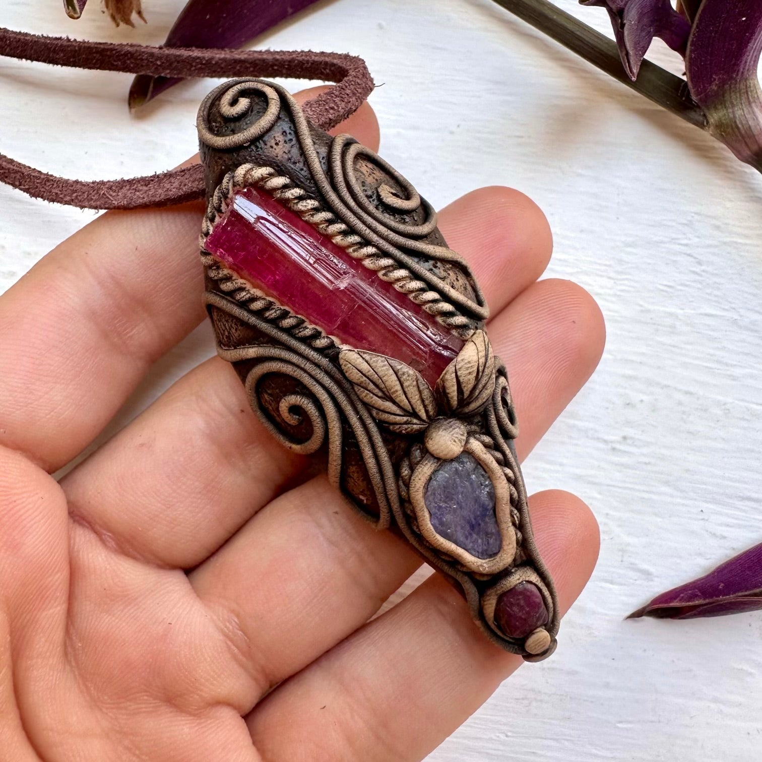 Pink Tourmaline Tanzanite and Ruby Necklace - FairyGardenGlow