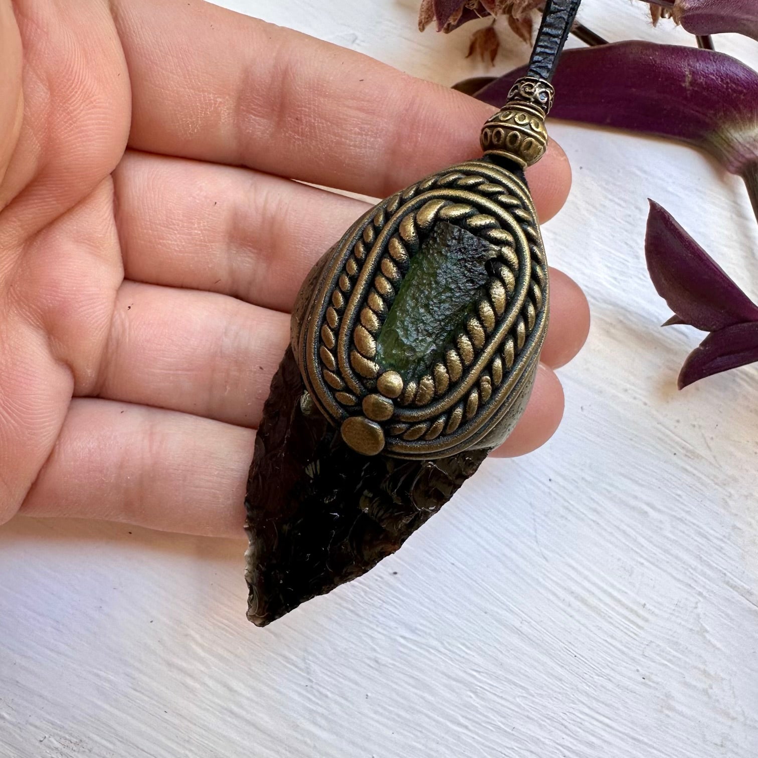 Black Obsidian Arrowhead and Moldavite Necklace - FairyGardenGlow
