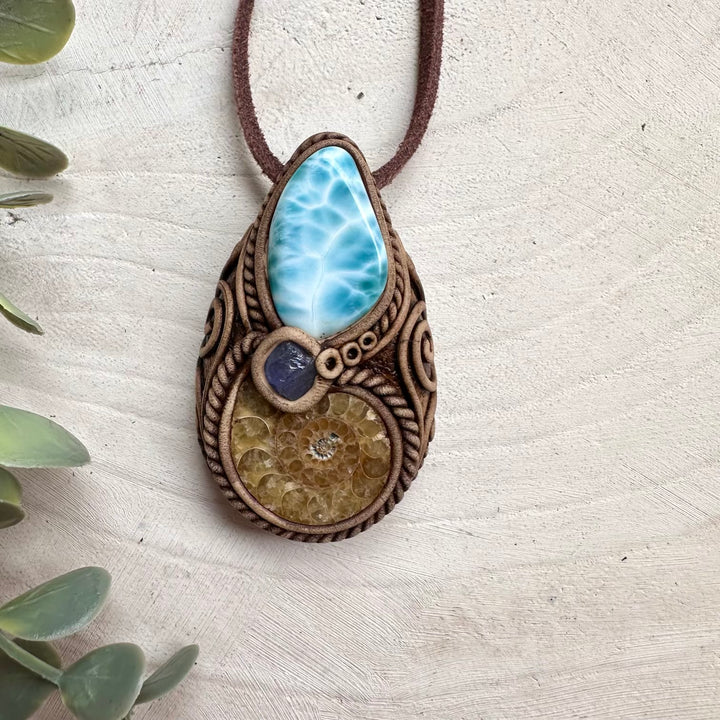 Handmade talisman necklace with ammonite fossil