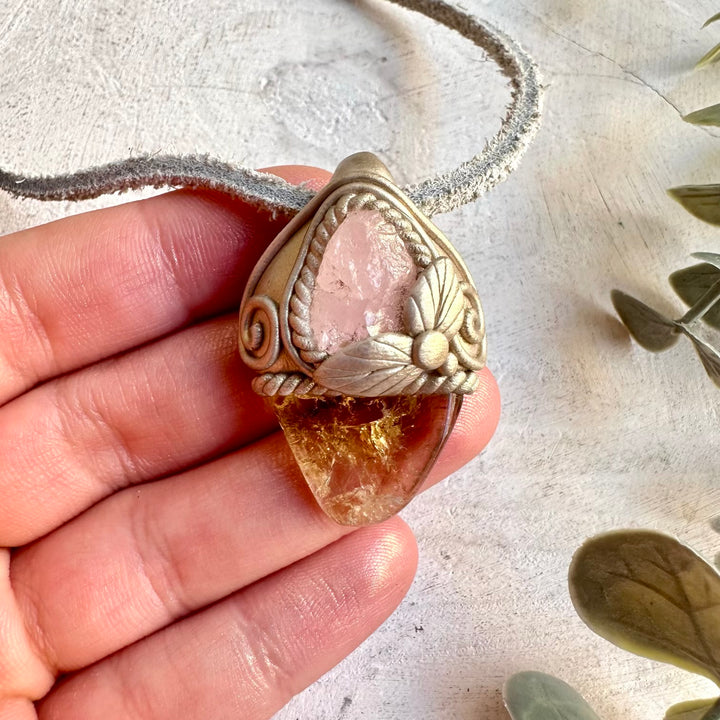 Handmade healing crystal necklace featuring polished Citrine and natural Morganite.