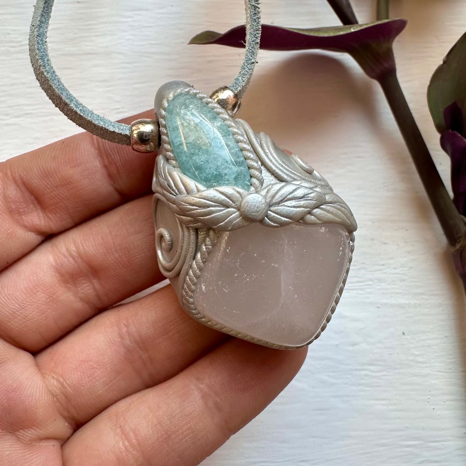 Mango Calcite and Aquamarine Pendant Necklace - FairyGardenGlow