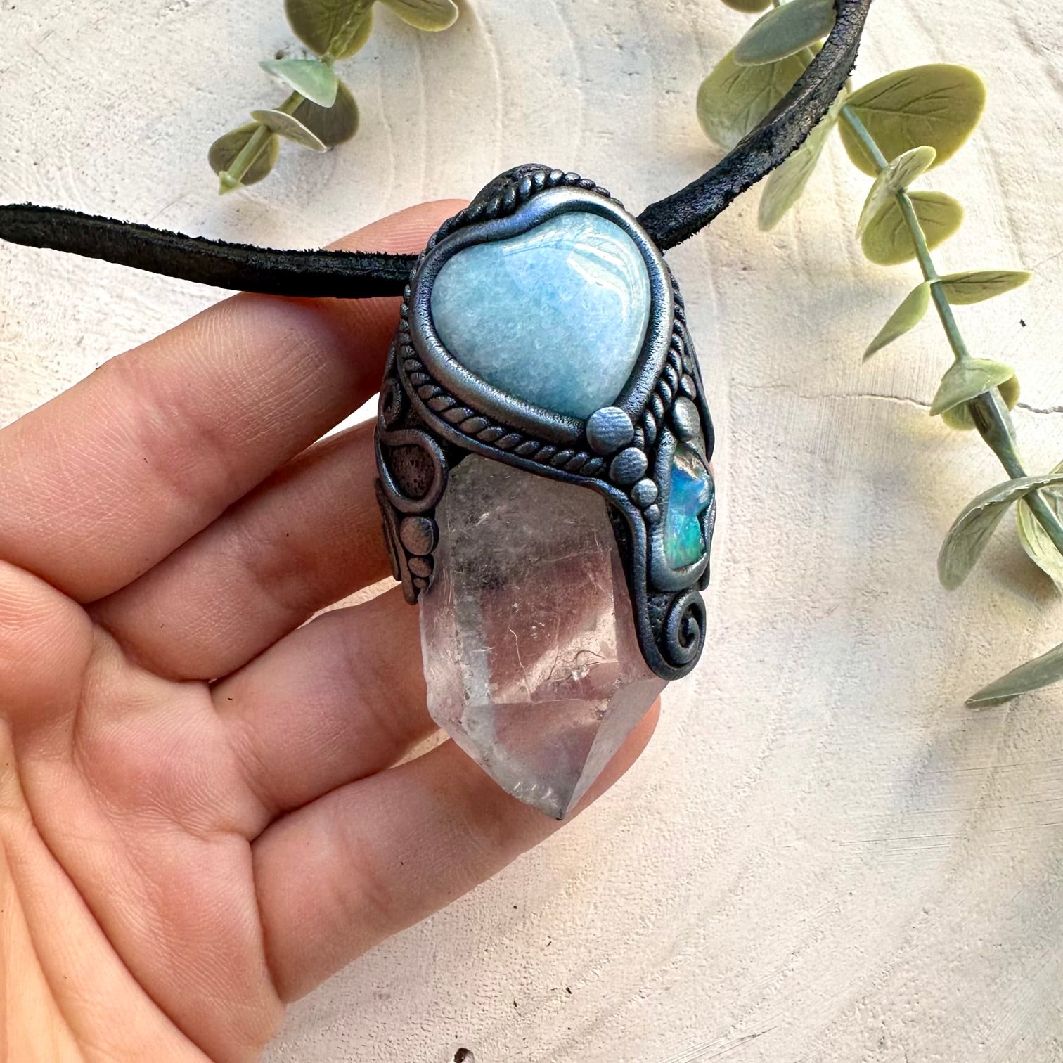 Clear Quartz with Aquamarine Heart and Raw Ethiopian Opal Pendant Necklace