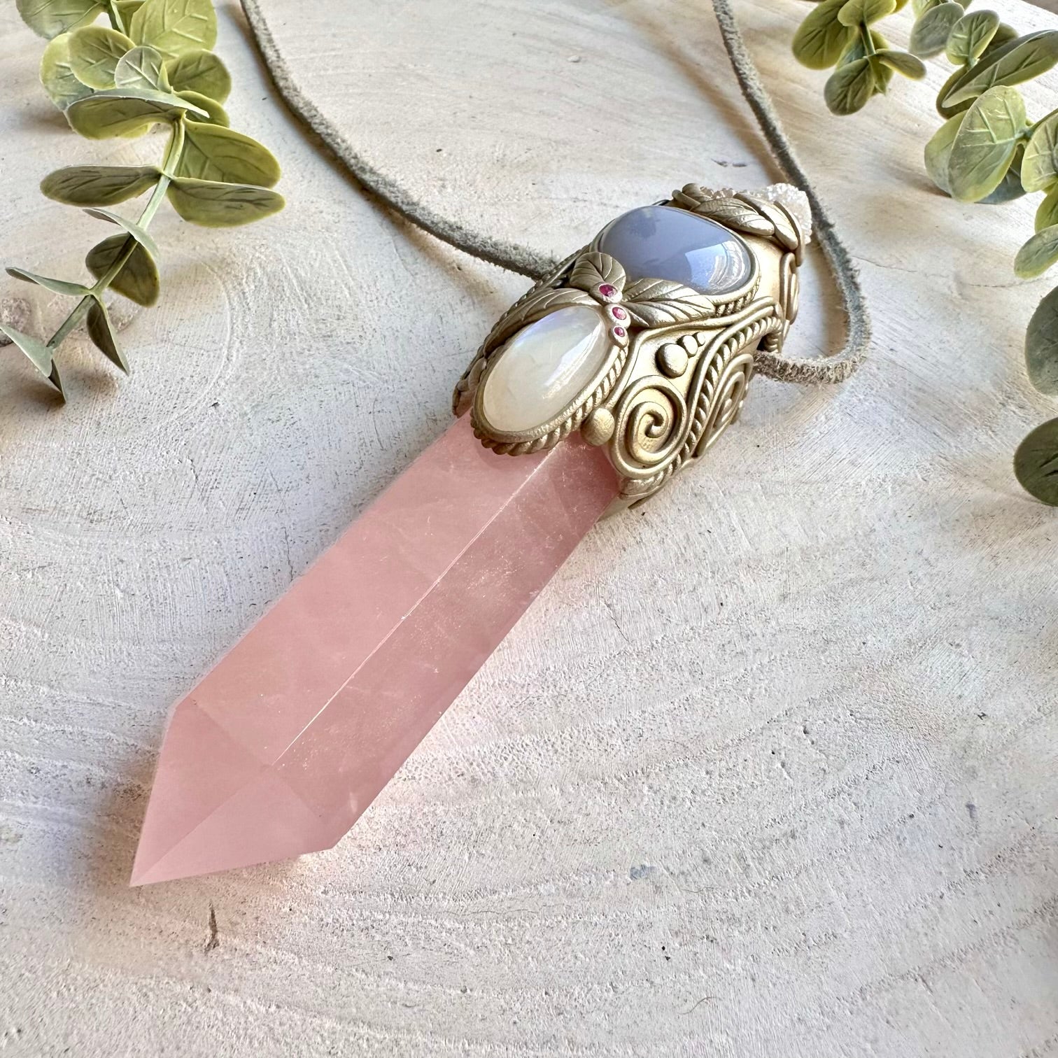 Natural gemstone crystal wand handcrafted with Angel Aura Spirit Quartz, Rose Quartz and Ruby.